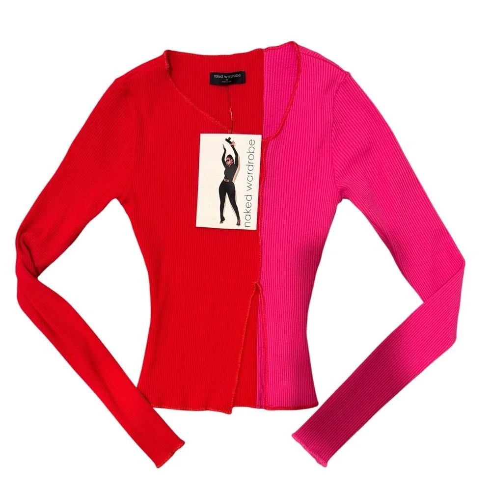 Naked Wardrobe Colorblock Ribbed 2 Piece Skirt Set Womens XS Pink Red